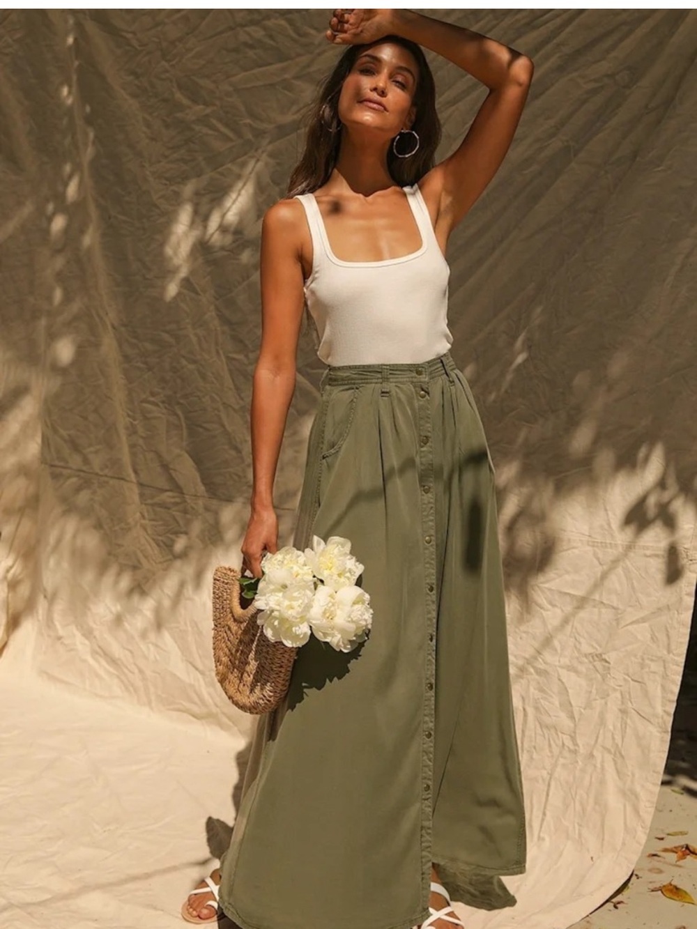 Pistola Olive Green Snap Front Maxi Skirt